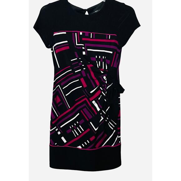R&K CAP SLV ROUND NECK WAIST TIE, WOMENS, S, BLACK, PURPLE, WHITE GEO PATTERN - Picture 1 of 12